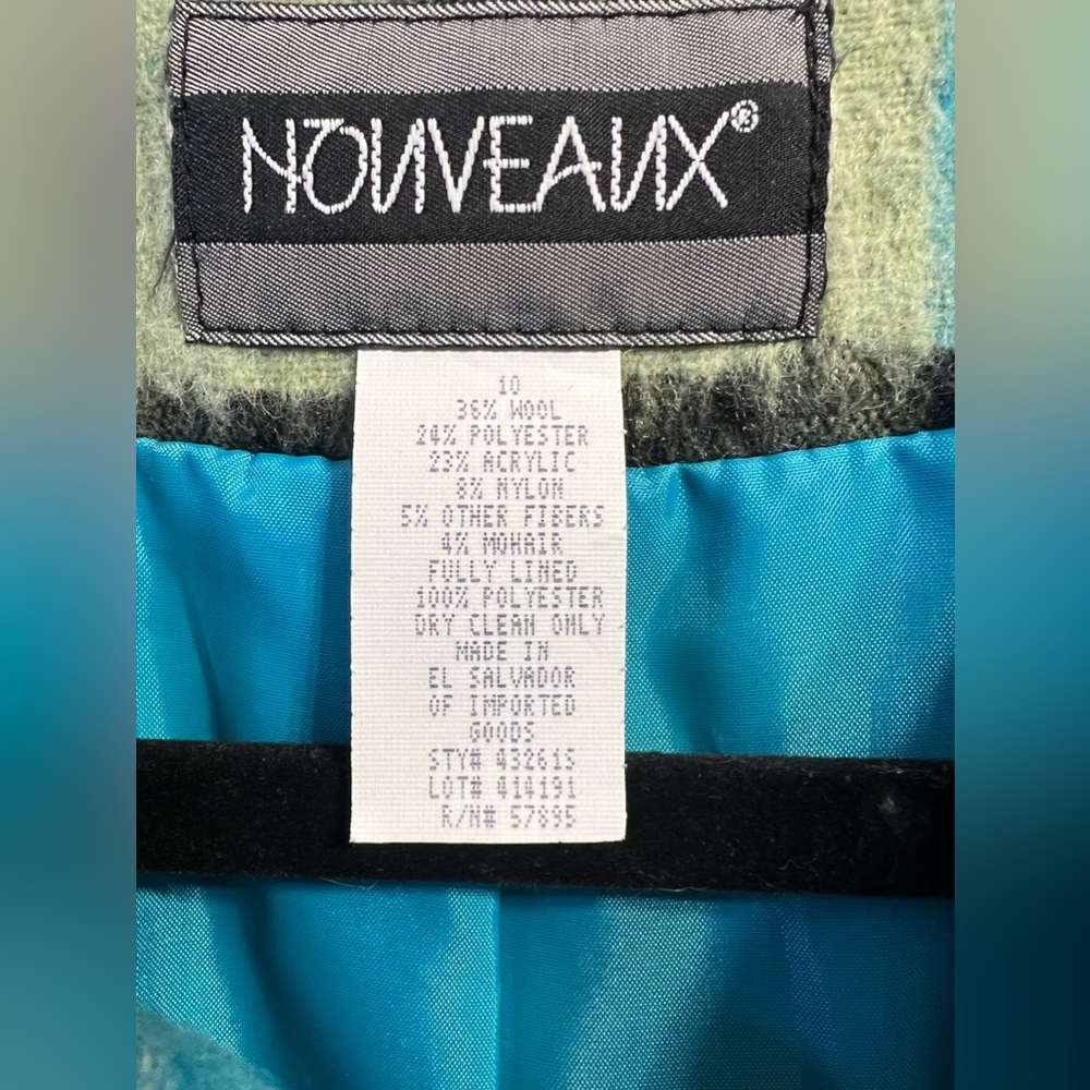 Vintage Nouveaux Wool Mohair Blend Turquoise and Green Plaid Open Blazer Size 10 - Picture 3 of 6
